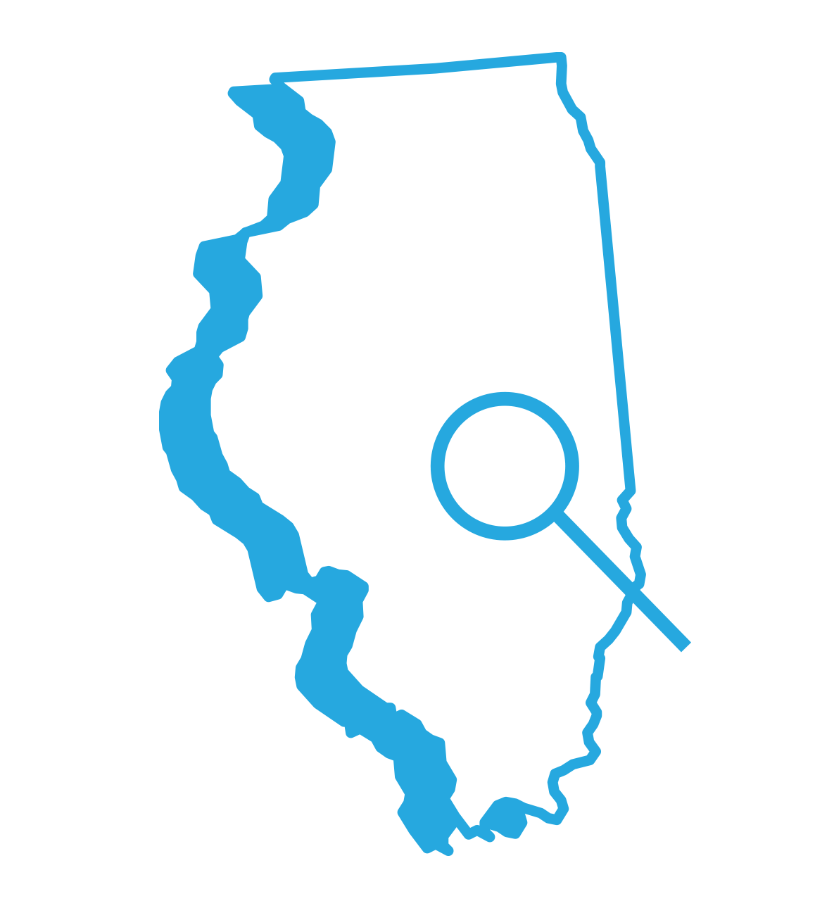 Outline of the State of Illinois with a magnifying glass